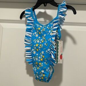 Boboli Bathing Suit NWT Baby Toddler Kids 18 Months Blue Yellow Flower Swimsuit